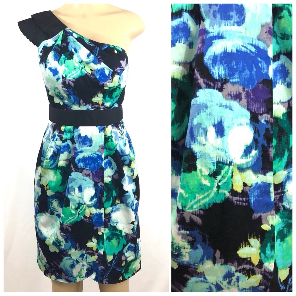 Eliza J One Shoulder Black Floral Dress Med (8-10)